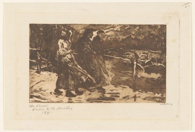 Três mulheres numa ponte com chuva e vento de Willem Witsen (signed by artist)