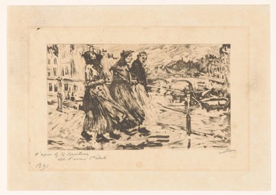 Três mulheres numa ponte com vento e chuva de Willem Witsen (signed by artist)