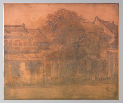 Batávia. Casas junto à kali com árvores entre elas de Willem Arnoldus Witsen