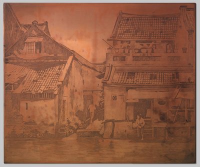 Batávia. Casas pela kali, lavadeira nos degraus da direita de uma casa de Willem Arnoldus Witsen