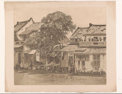 Vista de casas em um rio em Batávia Casas no kali. Árvores entre as casas, Batávia (título original) de Willem Arnoldus Witsen