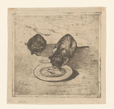 Dois gatos, um a beber de um prato
Dois gatinhos (título original) de Willem de Zwart
