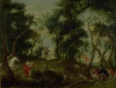 Paisagem com Atalanta e Meleager caçando o javali calidônio de Willem van Herp