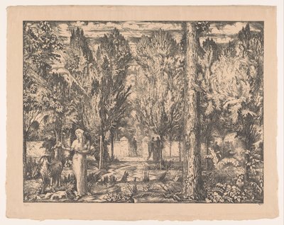 Mulher e carneiro no jardim murado O Parque (título original) de Willem van Konijnenburg (signed by artist)