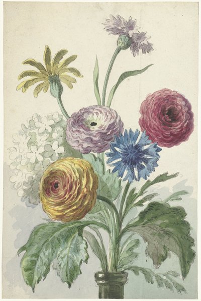 Bouquet de flores no pescoço de um vaso verde de Willem van Leen