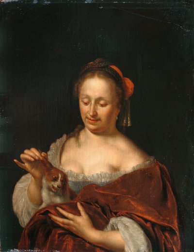 Uma senhora sentada segurando um cão pequeno (óleo sobre painel) de Willem Van Mieris