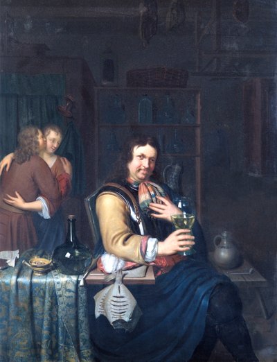Interior com um Cavalier Drinking e um Couple Embracing, c.1690-1700 (óleo sobre painel de carvalho) de Willem Van Mieris
