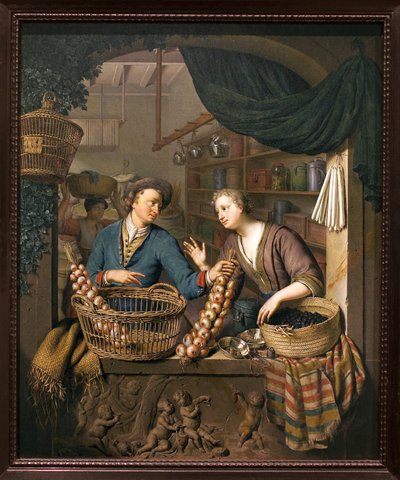 Vendedor de cebolas. Pintura de Willem van Mieris (1662-1747), óleo sobre madeira de Willem Van Mieris