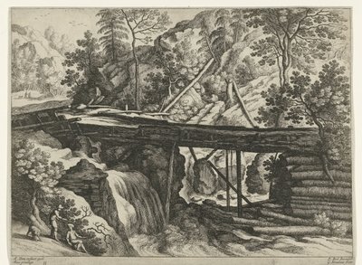 Paisagem montanhosa com aqueduto de madeira Paisagens italianas (título da série) de Willem van Nieulandt (II)