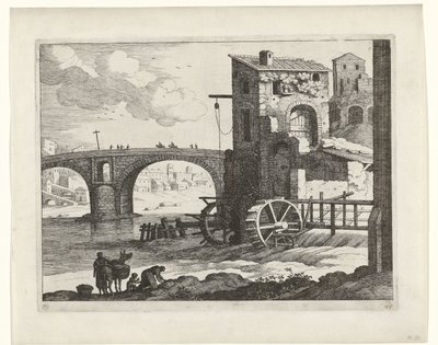 Ponte e moinho de água Paisagens italianas (título da série) de Willem van Nieulandt (II)