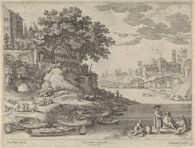 Porto com barcos a remo, figuras e gado de Willem van Nieulandt (II)