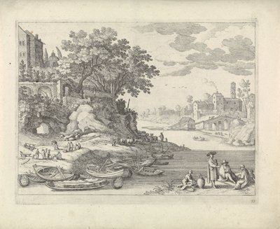 Porto com barcos a remo, figuras e gado de Willem van Nieulandt (II)