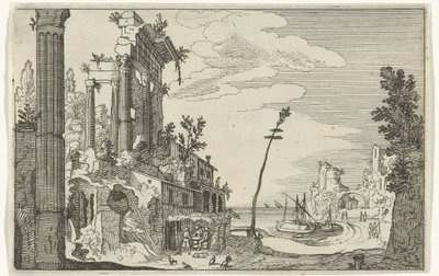 Ruínas romanas à beira-mar Ruínas romanas e paisagens costeiras (série 1) (título da série) de Willem van Nieulandt (II)