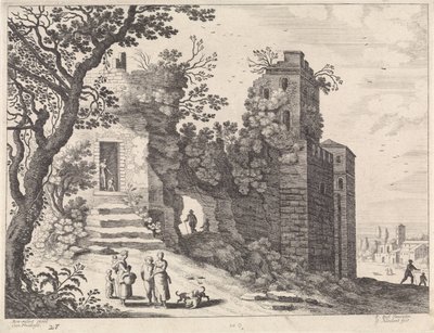 Ruína com um grupo de mulheres e crianças Paisagens italianas (título da série) de Willem van Nieulandt (II)