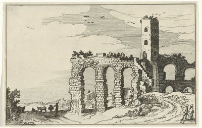 ruína do aqueduto Ruínas romanas e paisagens costeiras (série 1) (título da série) de Willem van Nieulandt (II)