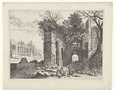 Descanso familiar em frente de uma ruína
Paisagens italianas (título da série) de Willem van Nieulandt (II)