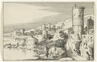 Cidade com torres na beira-mar
Ruínas romanas e paisagens costeiras (série 1) (título da série) de Willem van Nieulandt (II)