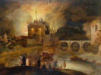 O Castel Sant Angelo, Roma, com os habitantes da cidade assistindo a uma queima de fogos à noite (óleo no painel) de Willem van Nieulandt