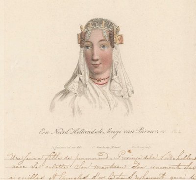 Morada da cabeça de uma rapariga de Purmerend, 1816
A North Holland Girl from Purmerend / Une Jeune fille de purmerend - Province dela Nord-hollande avec sa calotte son manteau son ornament ses aiguilles et epingles d