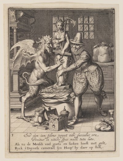 Um homem e o diabo enchendo um saco de dinheiro e erguendo uma estátua da esperança, de Alegoria do mau uso dos bens mundanos de Willem van Swanenburgh