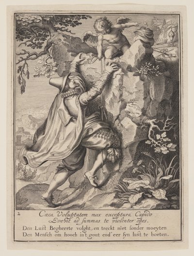 Um jovem a subir uma encosta ajudado pelo Cupido, de Alegoria do mau uso dos bens mundanos de Willem van Swanenburgh