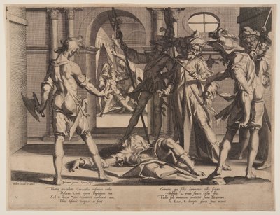 Decapitação do juiz romano Papiniano, placa 5 de Tronos da Justiça (Thronus Iustitiae) de Willem van Swanenburgh