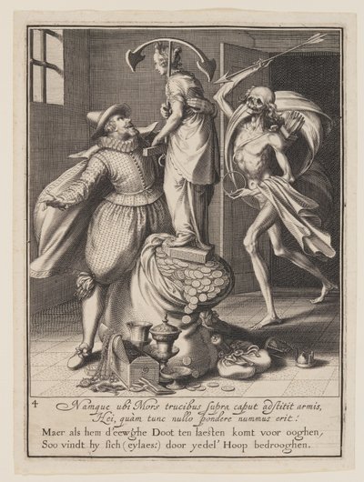 A morte com uma flecha prestes a atingir o homem, de Alegoria do mau uso dos bens mundanos de Willem van Swanenburgh