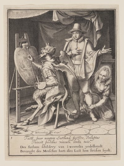 O Diabo pintando o coração do homem, de Allegory of the Misuse of Worldly Property (Alegoria do mau uso da propriedade mundana) de Willem van Swanenburgh