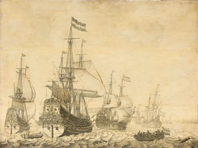 Paisagem marítima com os homens de guerra holandeses, incluindo o Drenthe e o príncipe Frederick-Henry de Willem van de Velde (I)