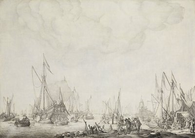 Os iates reais e estatais, possivelmente a chegada de Carlos II da Inglaterra em Moerdijk, 1660 de Willem van de Velde (I)