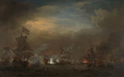 Encontro durante a Batalha de Kijkduin
Batalha do Mar entre Cornelis Tromp no Gouden Leeuw e Sir Edward Spragg no Príncipe Real durante a Batalha de Kijkduin (Batalha de Texel), 21 de Agosto de 1673: episódio da Terceira Guerra Anglo-Holandesa de Willem van de Velde (II)