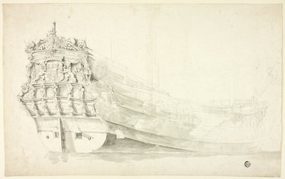 Navio holandês com proa ornamental visto de estibordo de Willem van de Velde I