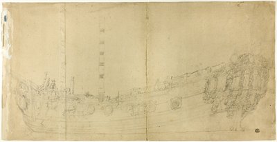 Desenho do construtor naval para um galeão holandês de Willem van de Velde I