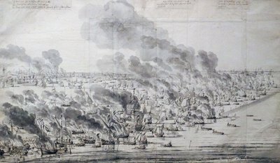 Robert Holmes ateando fogo à frota holandesa em Terschelling de Willem van de Velde the Elder