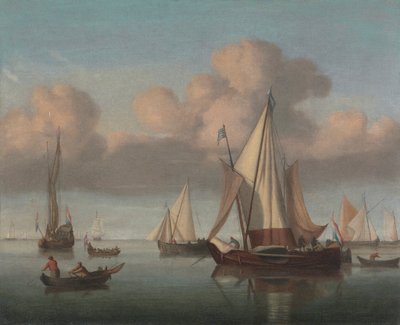 Um Kaag na âncora com velas içadas e um iate estatal e outros barcos de Willem van de Velde the Younger
