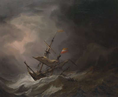 Uma brigantina mediterrânica à deriva numa costa rochosa durante uma tempestade, c.1700 (óleo sobre tela) de Willem van de Velde the Younger