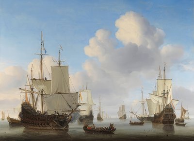 Navios holandeses em mar calmo. Por volta de 1665 de Willem van de Velde the Younger