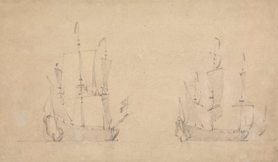 Vista de um navio de bandeira em ares leves e vista semelhante de outro de Willem van de Velde the Younger