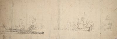 Uma frota holandesa a largar de um cais, c.1665 (grafite, lavagem a cinzento) de Willem van de the Elder Velde