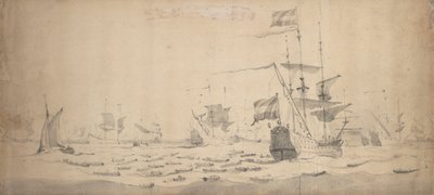 Uma frota holandesa deitada ao sabor da brisa: um conselho de guerra, c.1665 (grafite, lavagem a cinzento) de Willem van de the Elder Velde