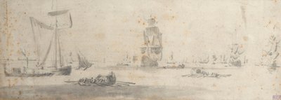 Um galliot em ares ligeiros e várias barcaças, c.1681 (grafite, lavagem a cinzento) de Willem van de the Elder Velde