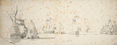 Um iate dos Estados Unidos e navios holandeses ancorados, c.1664 (grafite, lavagem a cinzento) de Willem van de the Elder Velde
