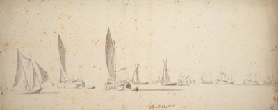 Um barco de calado, wijdschips e waterschips numa brisa ligeira, c.1664 (grafite, lavagem a cinzento) de Willem van de the Elder Velde