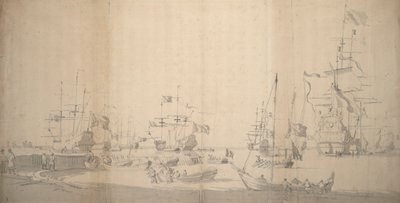 Um weyschuit a ser puxado para terra num porto cheio de gente, c.1672 (grafite) de Willem van de the Elder Velde
