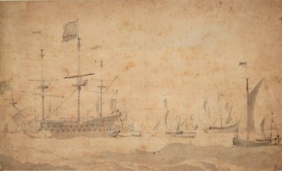 Um navio almirante inglês ancorado, possivelmente em junho de 1673, c.1673 (lavagem a cinzento) de Willem van de the Elder Velde