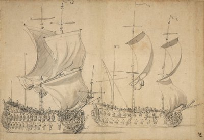Uma embarcação inglesa de terceira e quarta classe com vela fácil, c.1677 (lápis, aguada) de Willem van de the Elder Velde
