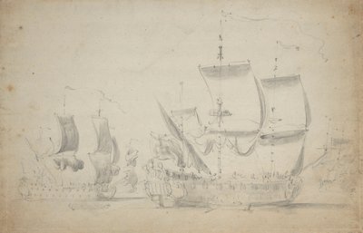 Uma embarcação inglesa de dois andares com vela fácil, c.1675 (lápis, aguada) de Willem van de the Elder Velde