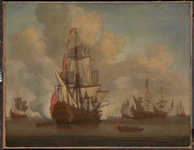Calmo: um navio inglês de dois andares com as velas soltas a disparar uma salva de Willem van de the Elder Velde