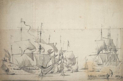 Navios de combate holandeses a secar as velas, c.1658 (grafite, lavagem a cinzento) de Willem van de the Elder Velde