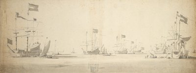 Navios de bandeira holandeses ancorados com embarcações ao lado, c.1664 (grafite, lavagem a cinzento) de Willem van de the Elder Velde